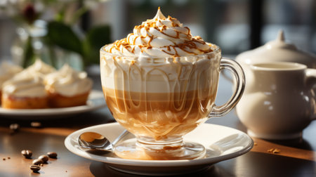Close up of cup of coffee with whipped cream. Generative AI.の素材