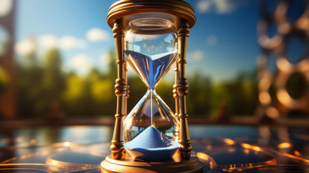 An hourglass on an blue background. Generative AI.の素材