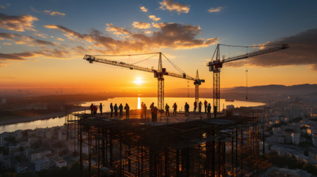Construction cranes silhouette at sunset. Generative AI.の素材