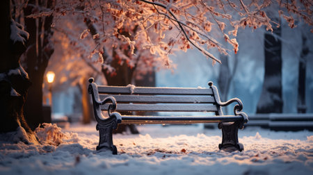 Bench covered in snow in city park during snow. Generative AI.の素材