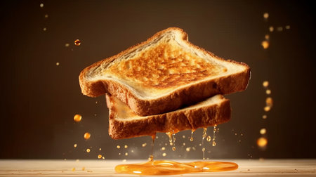 Slices of toast jumping out of the toaster. Generative AI.の素材