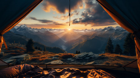 View of the mountain through the window. Generative AI.の素材