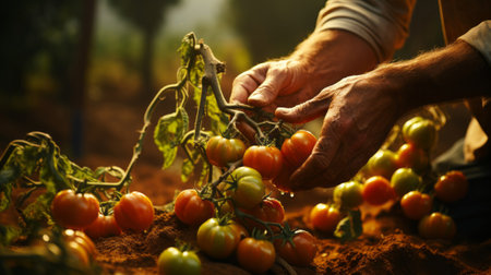 Close up of farmer hands harvesting tomato. Generative AI.の素材