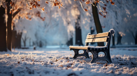 Bench covered in snow in city park during snow. Generative AI.の素材