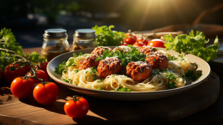 Spaghetti pasta with meatballs and tomato. Generative AI.の素材