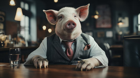 A pig in a suit and tie sits at a table. Generative AI.の素材