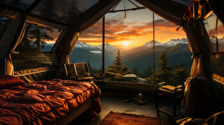 View of the mountain through the window. Generative AI.の素材