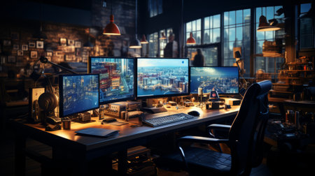 Room filled with lots of monitors and desk. Generative AI.の素材