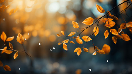 Bunch of leaves flying in the air with bokeh background. Generative AI.の素材