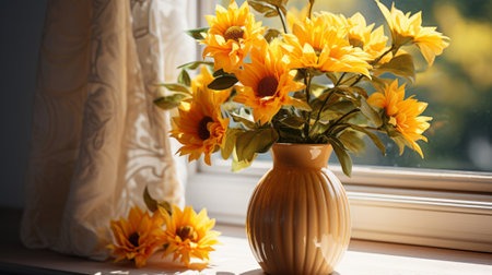 Vase with sunflowers on the windowsill. Generative AI.の素材