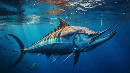 Big blue marlin in the blue ocean. Generative AI.の素材