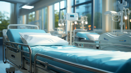 Blurred interior of hospital - abstract medical background. Generative AI.の素材