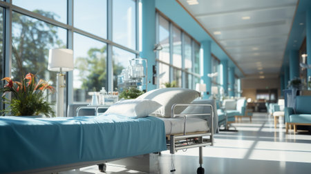 Blurred interior of hospital - abstract medical background. Generative AI.の素材