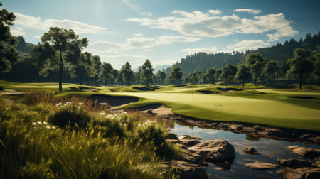 Golf course with flag and hole with sunlight. Generative AI.の素材