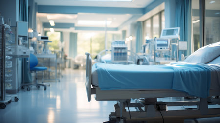 Blurred interior of hospital - abstract medical background. Generative AI.の素材