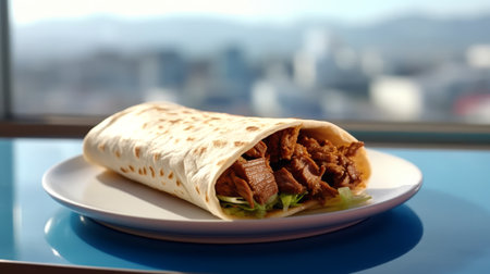 Fresh shawarma with meat closeup. Generative AI.の素材