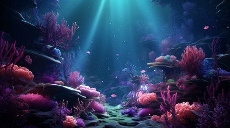 Coral reefs background with neon glow. Generative AI.の素材