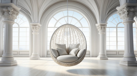 White room with hanging chair. Generative AI.の素材