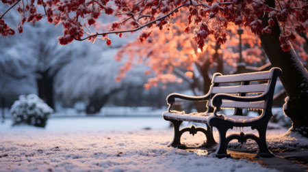 Bench covered in snow in city park during snow. Generative AI.の素材