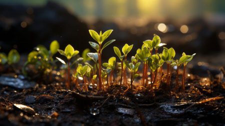 Young plant with dawn light on the ground. Generative AI.の素材
