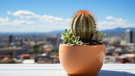 Cactus in pot sitting on window sill next. Generative AI.の素材