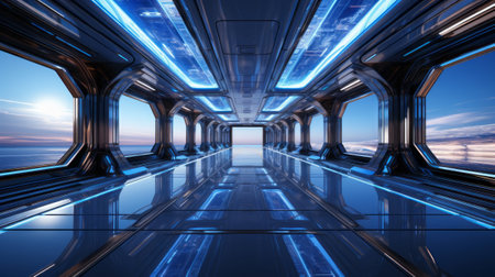 Futuristic blue neon spaceship corridor sci-fi. Generative AI.の素材