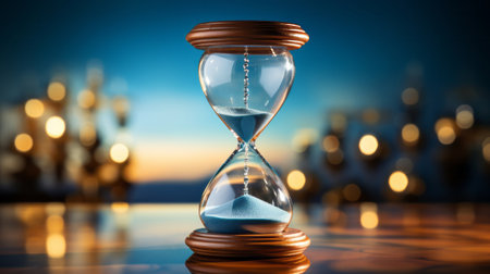 An hourglass on an blue background. Generative AI.の素材