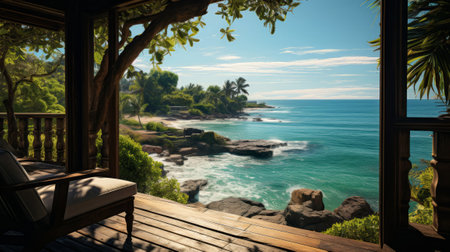 Ocean view from bungalow window. Generative AI.の素材