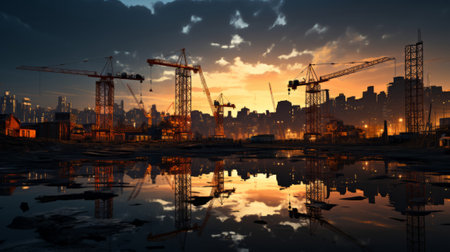 Construction cranes silhouette at sunset. Generative AI.の素材