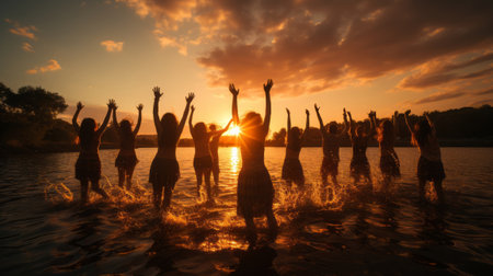 Silhouette of people jumping into the air. Generative AI.の素材