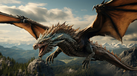 Dragon flying in the sky. Generative AI.の素材