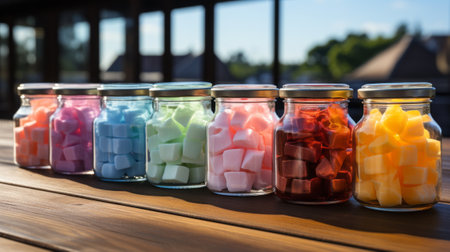 Row of glass jars filled with different colore. Generative AI.の素材