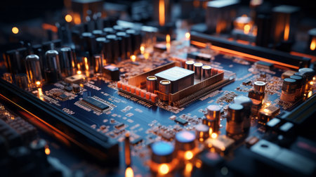 Close up view of computer motherboard with man. Generative AI.の素材