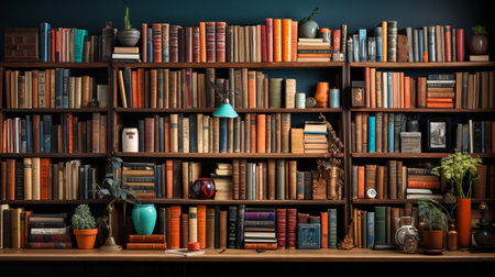 Bookshelf filled with lots of books. Generative AI.の素材