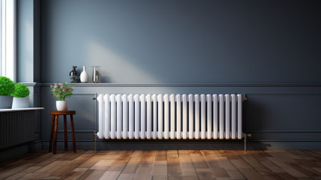 Empty room with hardwood flooring and radiator. Generative AI.の素材