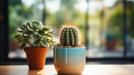 Cactus in pot sitting on window sill next. Generative AI.の素材