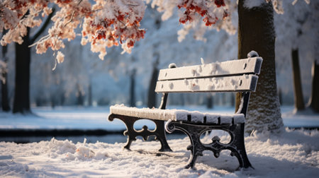 Bench covered in snow in city park during snow. Generative AI.の素材