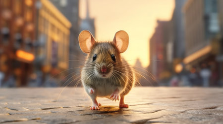 Mouse exploring the city close-up. Generative AI.の素材