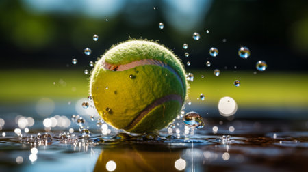 Closeup of tennis ball hitting racket. Generative AI.の素材