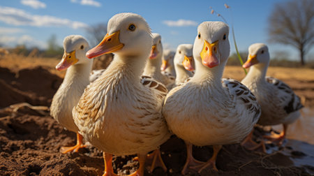 Bunch of ducks close-up that are standing. Generative AI.の素材