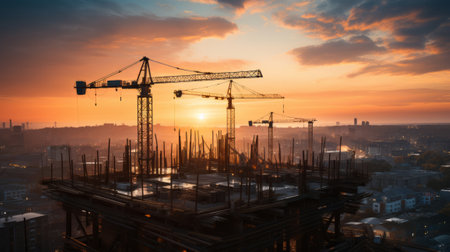 Construction cranes silhouette at sunset. Generative AI.の素材