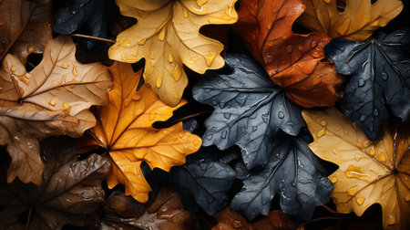 Bunch of leaves flying in the air with bokeh background. Generative AI.の素材