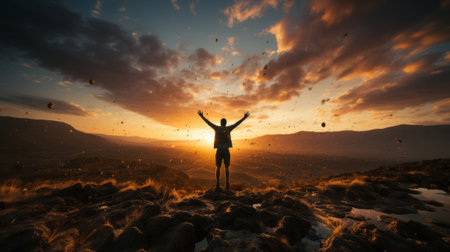 Silhouette of a man jumping into the air. Generative AI.の素材