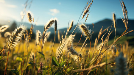 Close up of bunch of grass in field with blurred background. Generative AI.の素材