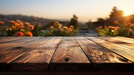 Empty wooden table top with blurred background. Generative AI.の素材