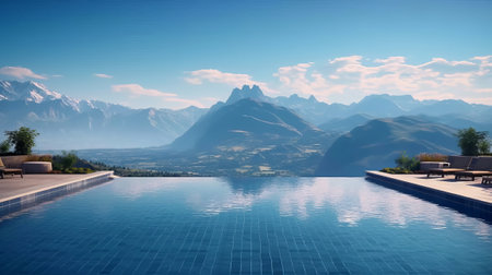 Infinity pool overlooking a picturesque mountain. Generative AI.の素材