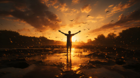 Silhouette of a man jumping into the air. Generative AI.の素材