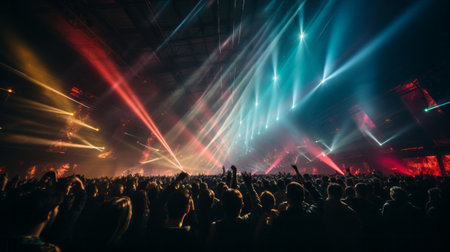 Lot of beautiful multi-colored laser beams. Generative AI.の素材