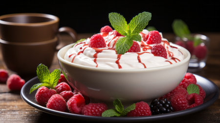 Bowl of yogurt and strawberries. Generative AI.の素材