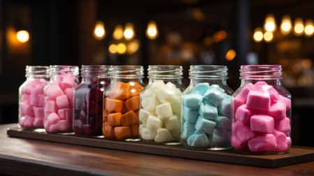 Row of glass jars filled with different colore. Generative AI.の素材